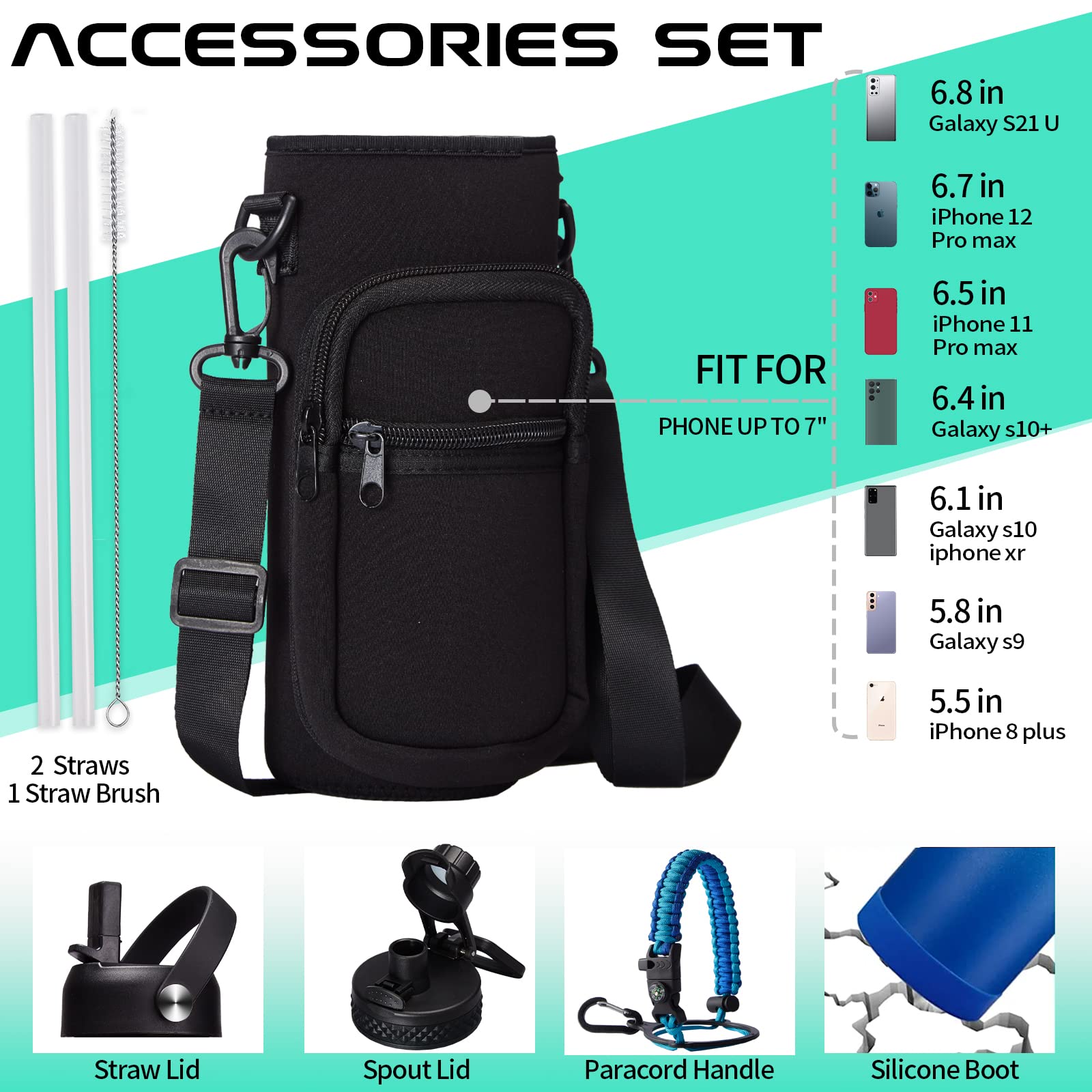 Stainless Steel Flask Water Bottle - 32oz/40oz/64oz Insulated Water Bottle with Straw & Spout Lids  Paracord Handle  Strap Sleeve  Protective Cup Mat  Wide Mouth Hydro Thermo Bottle Sports Office